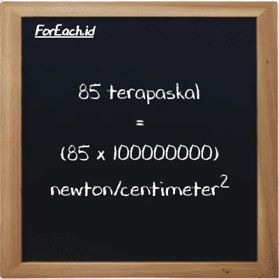 Cara konversi terapaskal ke newton/centimeter<sup>2</sup> (TPa ke N/cm<sup>2</sup>): 85 terapaskal (TPa) setara dengan 85 dikalikan dengan 100000000 newton/centimeter<sup>2</sup> (N/cm<sup>2</sup>)